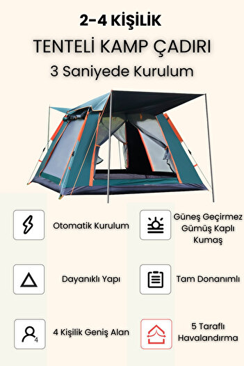 Yussraw 2-4 Kişilik Tam Otomatik Tenteli Kamp Çadırı Doş 210x210x145