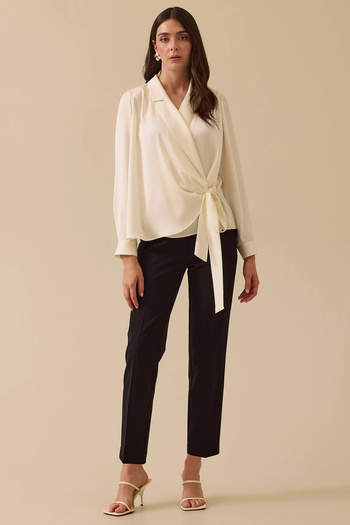 SEÇİL Women's Tied Double Breasted Satin Blouse 0018 Ecru Model