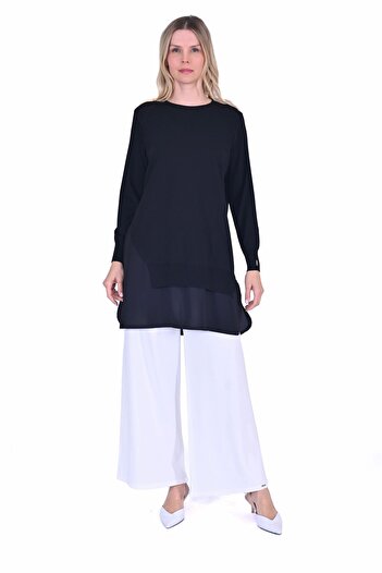 Invee 6987 Chiffon Detailed Black Knitwear Tunic