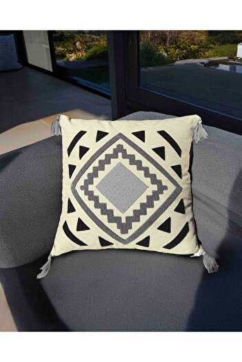 Sakallı Bohemian Punch Embroidered Throw Pillow Cover Gray Black Geometric Patterned
