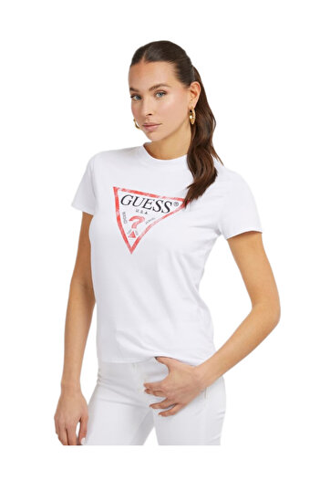 Guess Tricou alb de damă GUESS SS CLASSIC FIT LOGO