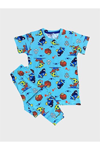 elmas kids Set de pijamale de vară pentru bărbați, 100% bumbac, albastru, cu model de pește, cu mânecă scurtă