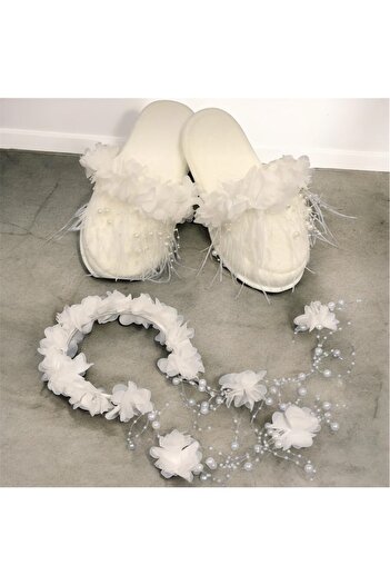 SavBrand White Furry Pearled Maternity Slippers and Floral Crown, Women's Maternity Set