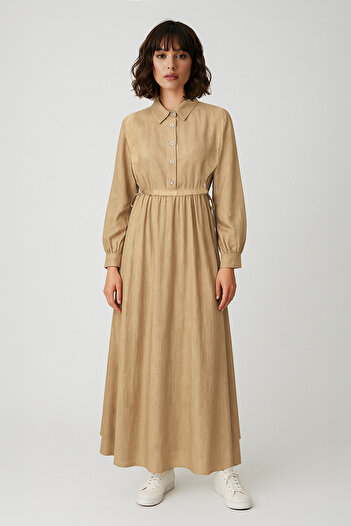 Edit by Trendyol Beige Two-Piece Linen Look Woven Dress Tedss25Eb00000