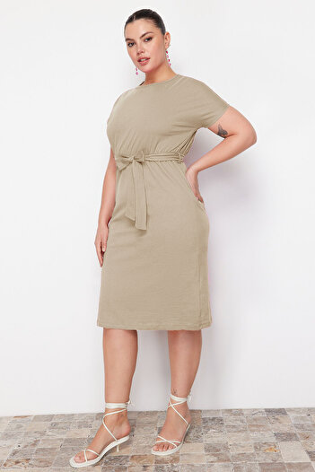 Trendyol Curve Beige Single Jersey Knitted Plus Size Dress Tbbss22Ah0242