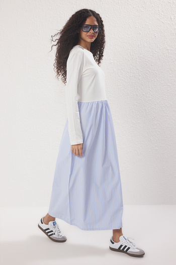 Trendyol Modest Blue Striped Woven Fabric Skirted Single Jersey Knitted Dress Tctss25Eb00146