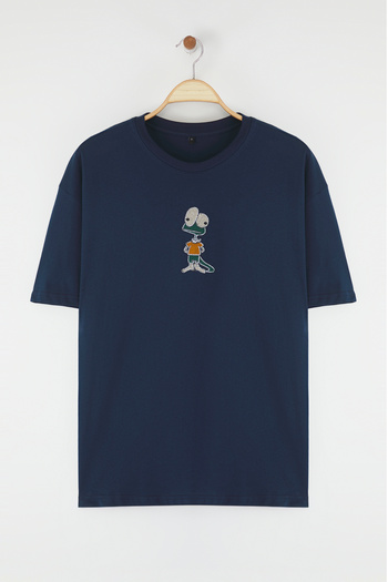 Trendyol Collection Blue Oversize Embroidery Revealed Detailing 100% Cotton T-Shirt Tmnss25Ts00199