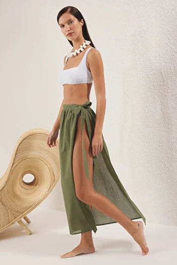 Trendyol Collection Khaki Maxi tkané 100% bavlněné plážové pareo TBESS25PR00012
