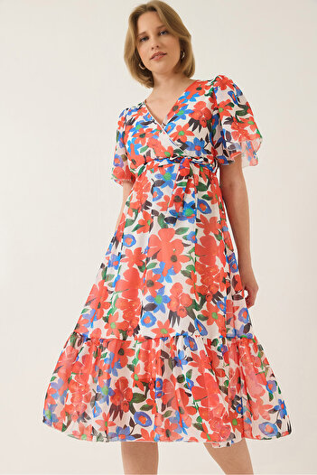 Bianco Lucci Damen-Chiffonkleid mit zweireihigem Ausschnitt, elastischer Taille und Gürtel, gefüttert und gemustert 60283211