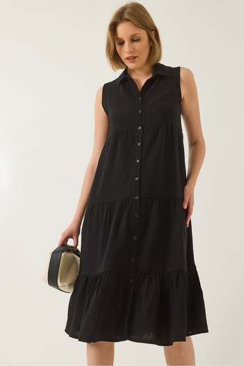 Bianco Lucci Women's Shirt Collar Buttoned Muslin Loose Muslin Dress 70320 60283221