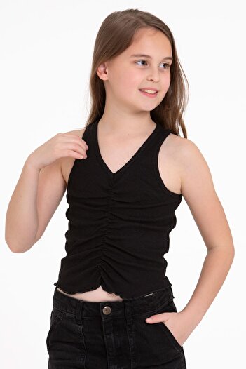 zepkids Zero Sleeve V-Neck Gathered Black Color Girl's Tshirt