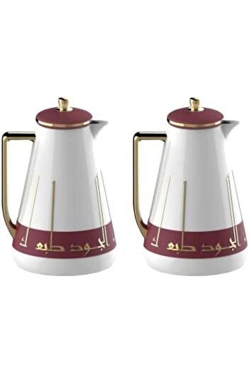 ALSAIF طقم قوارير قهوة وشاي مفرغة من الهواء، أحمر داكن/ذهبي، مانعة للتسرب، تحافظ على سخونة المشروبات، سعة 1.0/1.0 لتر