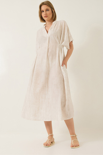 Bianco Lucci Women's V-Neck Lacing Detailed Pocket Bat Cut Loose Dress 60283210