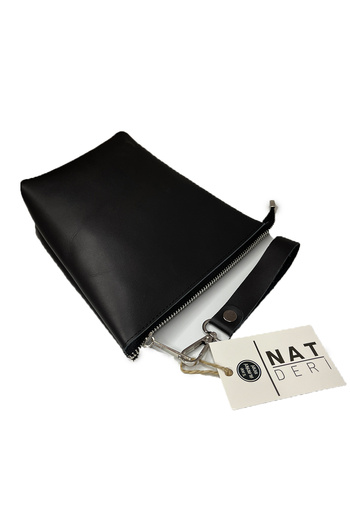 natderi Genuine Leather Black Makeup and Handbag – Domestic Production Zippered Women's Bag