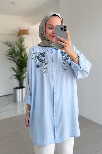 Ka Hijab Blue Bead Embellished Shirt