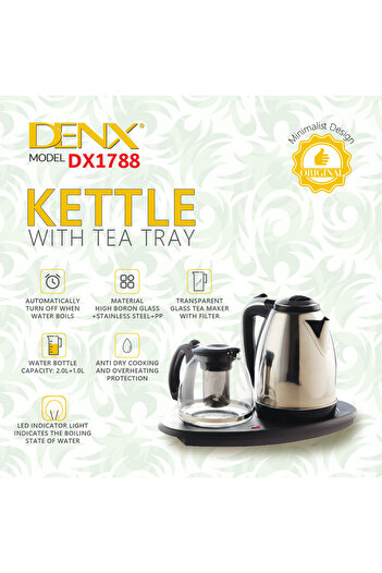 Denx Electric Kettle With Tea Tray And Auto Shut-off Feature Clear Glass Tea Maker