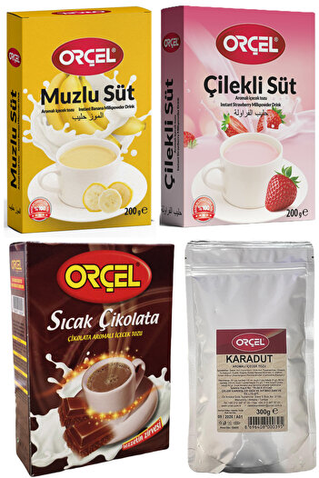 ORÇEL Sıcak Çikolata +Çilekli Süt +Muzlu Süt +Karadut Aromalı içecek Tozu Oralet 4 Adet
