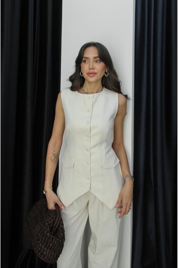 Havoş Stone Color Linen Vest with Belt on the Back