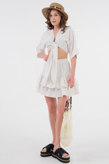 Saade Ecru Japone Sleeve Tie Detailed Blouse - Elastic Waist Ruffled Shorts Skirt Woven Set