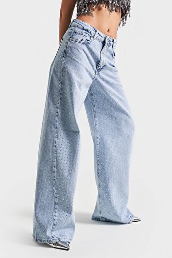 its basic Kadın Mavi Renk Önü Ful Parlak Taşlı Palazzo Fit Denim