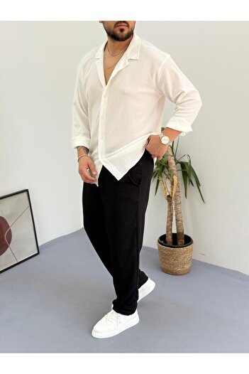 Combineman35 White Black Men's Summer Crinkle Lycra Fabric Long Sleeve Shirt Tracksuit 2 Piece Wrap Suit