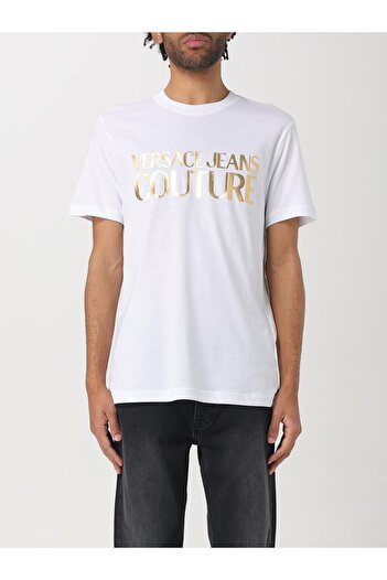 Versace Men's Regular Fit Round Neck Print Detailed Short Sleeve White-Gold T-Shirt 78Gaht05Cj00T-G03