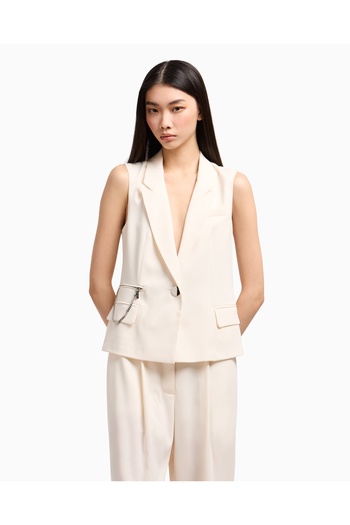 Armani Exchange Women's Woven Fabric Single Button Notch Collar Sleeveless Beige Vest Xw 000435   Af12749-U1003
