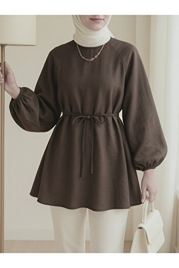 Modamorfo Round Neck Lace up Waist Balloon Sleeve Tunic - Brown
