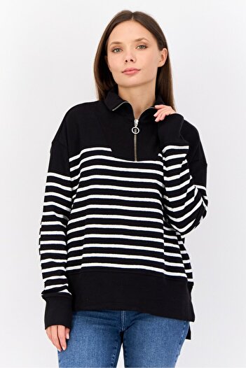 Esprit Women High Neck Yarn Dyed Half Zip Sweater, Multicolor