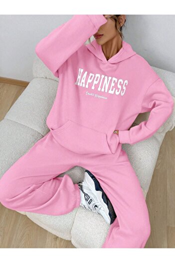 DUBU BUTİK Σετ αθλητικής φόρμας Happiness Φούτερ Jogger - Ροζ εμπριμέ Oversize Raised Hooded