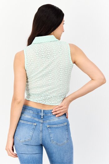 DeFacto Women Spread Collar Eyelet Top, Light Green