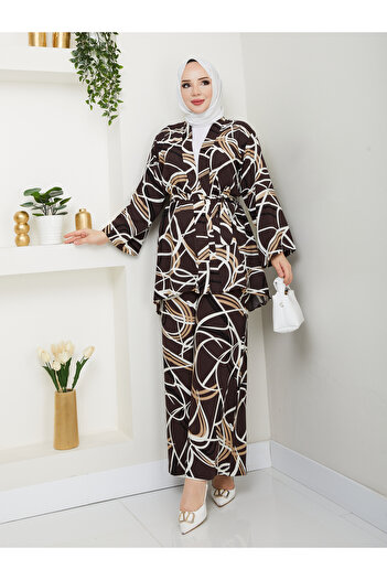 MODAMERSİ Women's Brown Ecru Viscose Fabric Belted Kimono Pants Set of Two