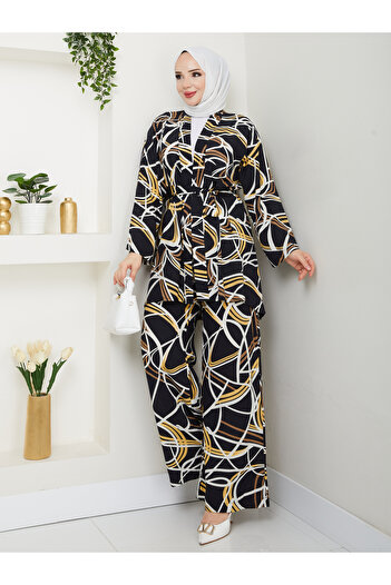 MODAMERSİ Women's Black Ecru Viscose Belt Kimono Pants Set