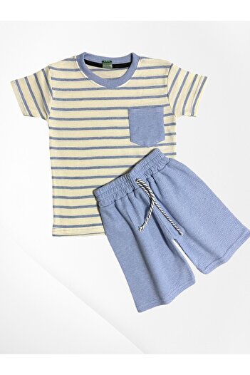 Pijamakids Set de pijamale de vară pentru băieți, din țesătură din bumbac, cu model în dungi albastre și albe, cu mâneci scurte și pantaloni scurți