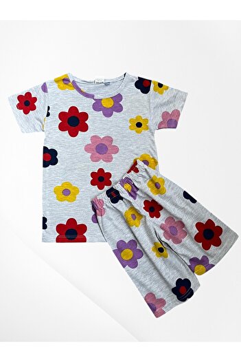 Pijamakids Girl's Cotton Daisy Patterned Short Sleeve Gray Color Thin Shorts Summer Pajama Set