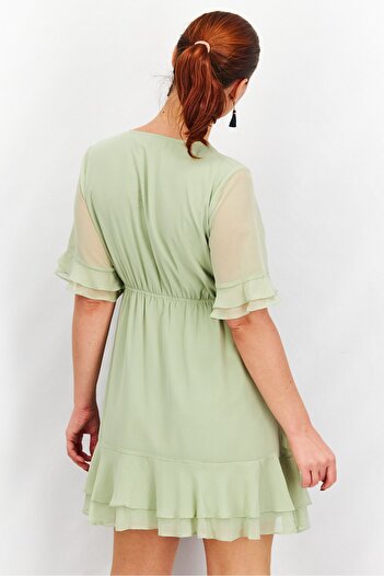 NA-KD Women Tie Front Sheer Tiered Sleeve Casual Mini Dress, Olive