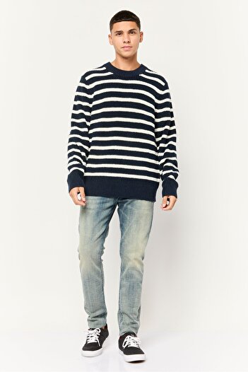 Michael Kors Men Crew Neck Stripe Long Sleeves Sweatshirt, Navy Blue