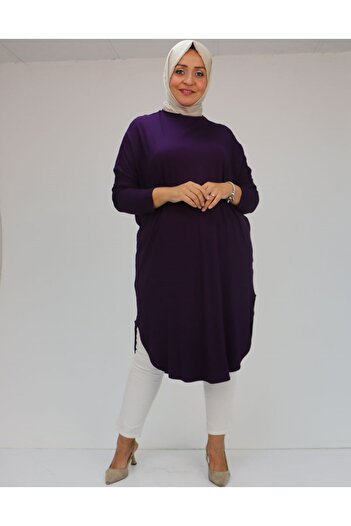 Eslina 38110 Large Size Low Sleeve Combed Cotton Tunic - Plum