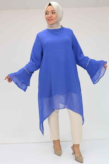 Eslina 58018 Large Size Flared Sleeve Stone Printed Chiffon Tunic - Saks
