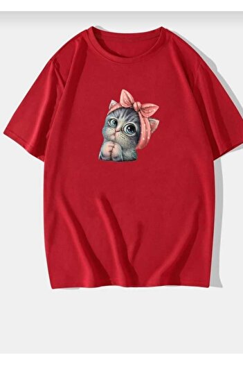 UNCİA OUTDOORS Cute Cat Printed Oversize Basic O-Neck Unisex T-Shirt