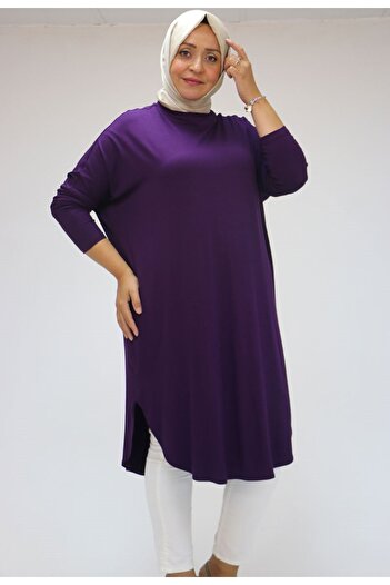 Eslina 38110 Large Size Low Sleeve Combed Cotton Tunic - Plum
