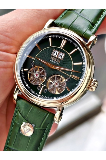Fiesta Green Color Double Turbines Leather Band Business Automatic Men Wrist Watch + Bracelet