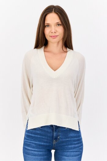 Esprit Women V-Neck Long Sleeves Plain Sweater, Beige