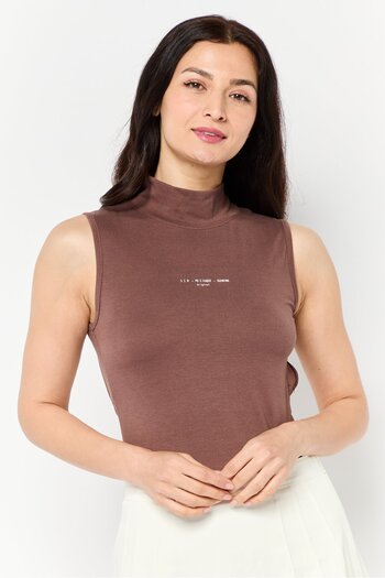 Public Desire Amber x Public Desire Women Mock Neck Printed Sleeveless Bodysuits, Bitter Choco