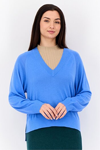 Esprit Women V Neck Plain Sweater, Blue