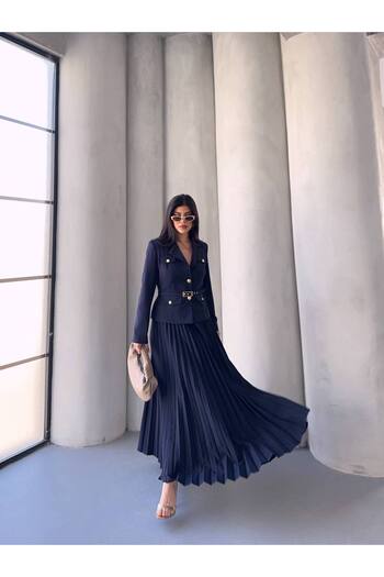 Bella Breeze Women's Belted Gold Button Premium Jacket Pleated Long Skirt Suit