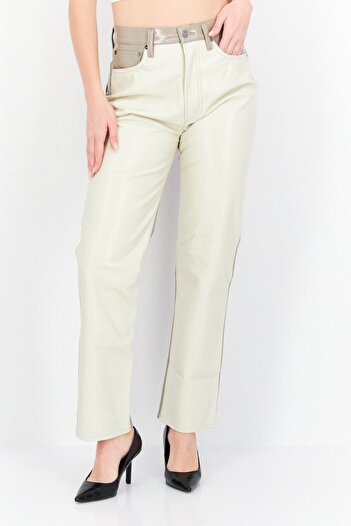 Agolde Women Regular Fit Two Toned Straight Leg Leather Pants, Biege Combo