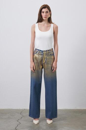 KADRİYE BAŞTÜRK Palazzo Denim Pants with Shiny Print Pattern, Gold Accents