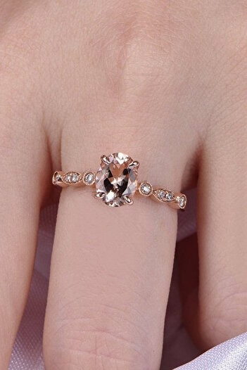My Diamond Oval Morganit Ve Pırlanta Vintage Tek Taş Yüzük