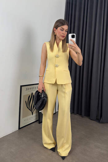 Sue Store Pastel Yellow Gold Buttoned Vest Trousers Set